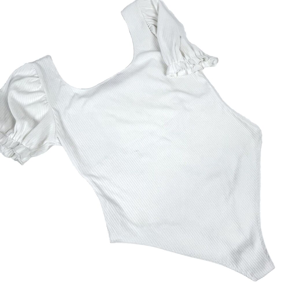Plus Sz Ribbed Knit Bodysuit Puffed Sleeve Forever 21 Scooped Neckline Cream 1X